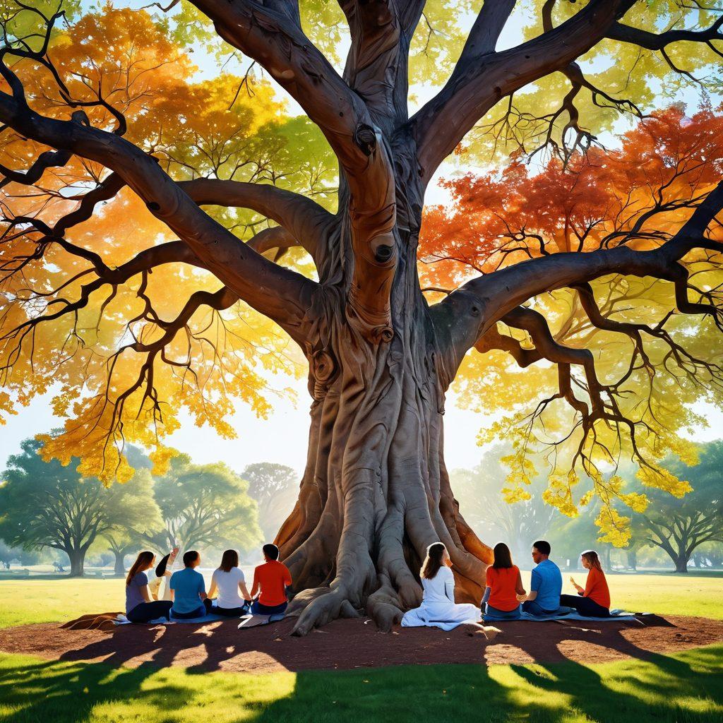 A serene landscape depicting a diverse group of people engaged in deep, meaningful conversations under a large, ancient tree, symbolizing connection and support. Use soft, warm colors to convey a sense of calm and empathy, with visual elements like hearts and speech bubbles subtly integrated into the scene to emphasize emotional bonds. Include gentle sunlight filtering through the leaves, casting playful shadows on the ground. vibrant colors. super-realistic.