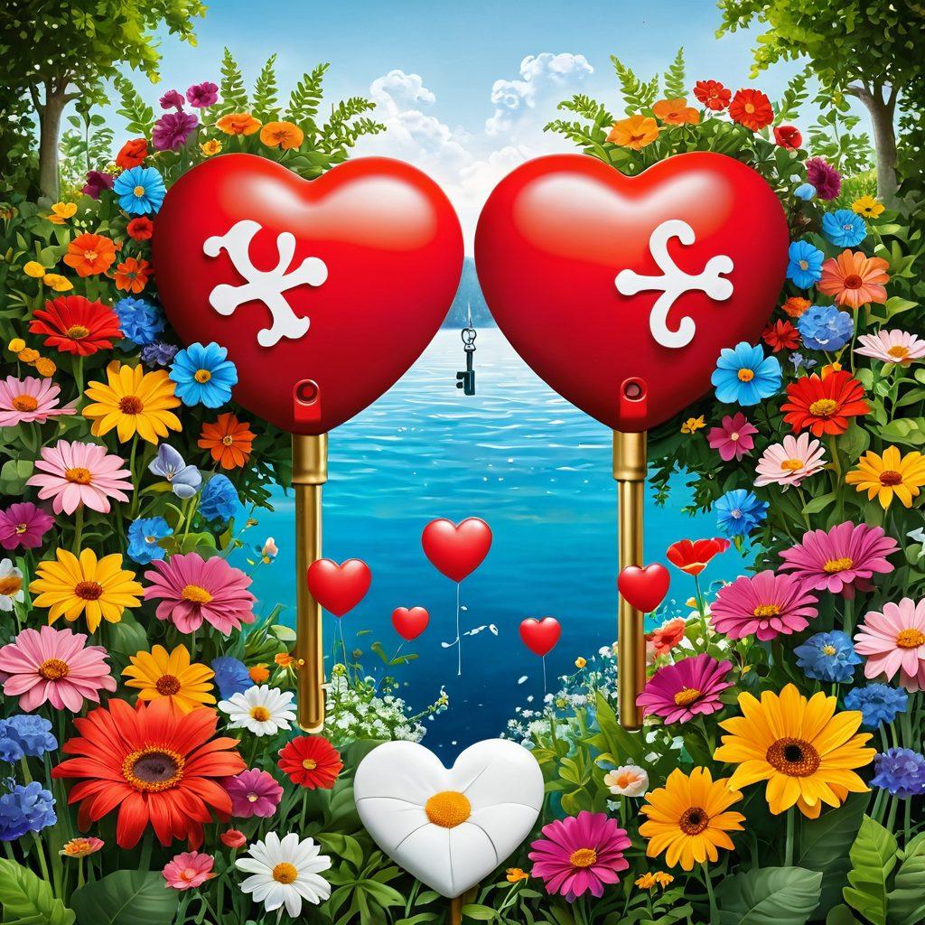A heart-shaped key unlocking a garden of vibrant flowers symbolizing love, with delicate communication symbols like speech bubbles floating around, and a serene background depicting emotional wellbeing themes like calm waters and sunshine. Illustrate a couple in the distance, joyfully communicating and embracing. vibrant colors. super-realistic.