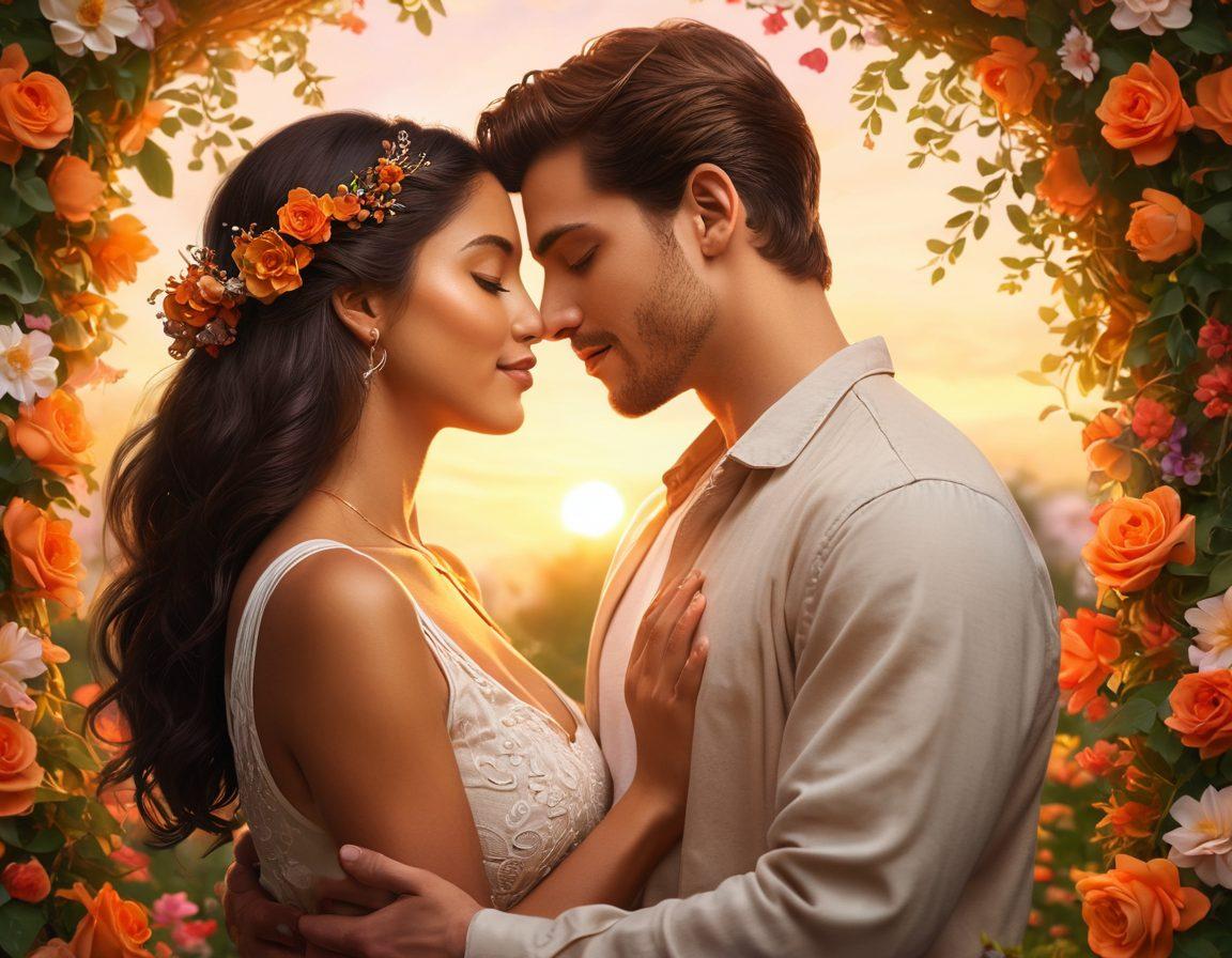 A warm embrace between a diverse couple surrounded by blooming flowers, symbolizing growth and intimacy. In the background, a serene sunset casts a golden glow, enhancing the feeling of connection and love. Incorporate elements like hearts or vines intertwining to represent lasting bonds. super-realistic. vibrant colors. soft focus.